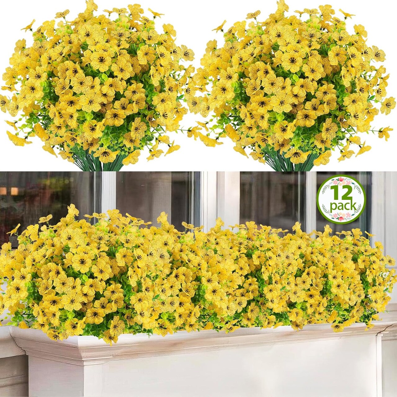 Artificial Flowers Outdoor Faux Plants UV Resistant 12 Bundles Fake (Yellow) 13"D x 3"W x 3"H